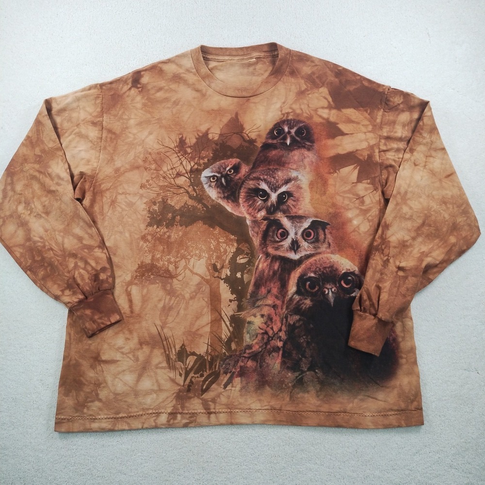 Vtg The Mountain Owl Totem Long Sleeve Tshirt Mens XL Tan Tie Dye AOP Nature EUC